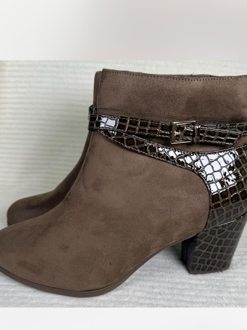 East 5th Brown Suede Ankle Boots with Croc-Embossed Heel